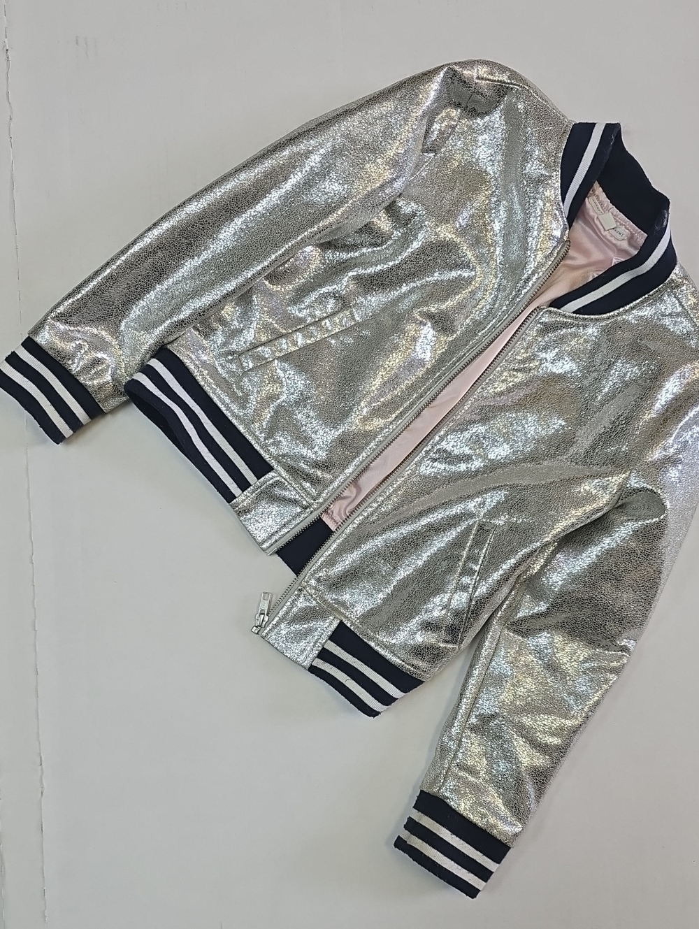 Girls Metallic Silver Bomber Jacket with Navy Stripe Trim